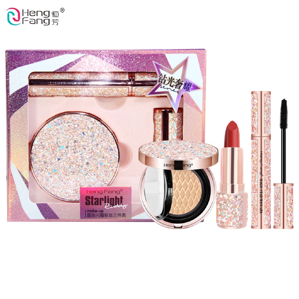 HengFang Stars Sparkling Mascara Cushion BB Frost Maple Red Lipstick 1 Set H9392