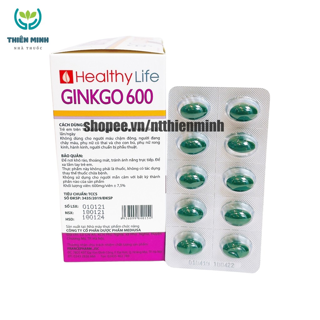 Viên uống bổ não GINKGO 600 giúp tăng cường trí nhớ, tăng tuần hoàn máu não, ngừa tai biến – HỘP 100 viên