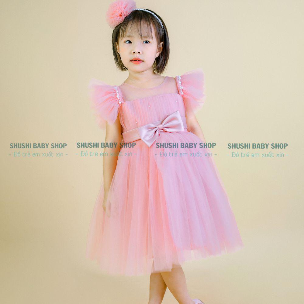 Váy công chúa bé gái tay cánh tiên viền ngọc, đính nơ eo xinh xắn dễ thương Shushibaby