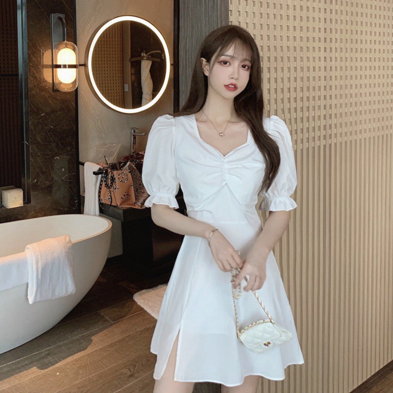 Đầm trắng, váy nhún ngực cổ tim dáng ngắn xẻ tà tay lỡ dễ thương