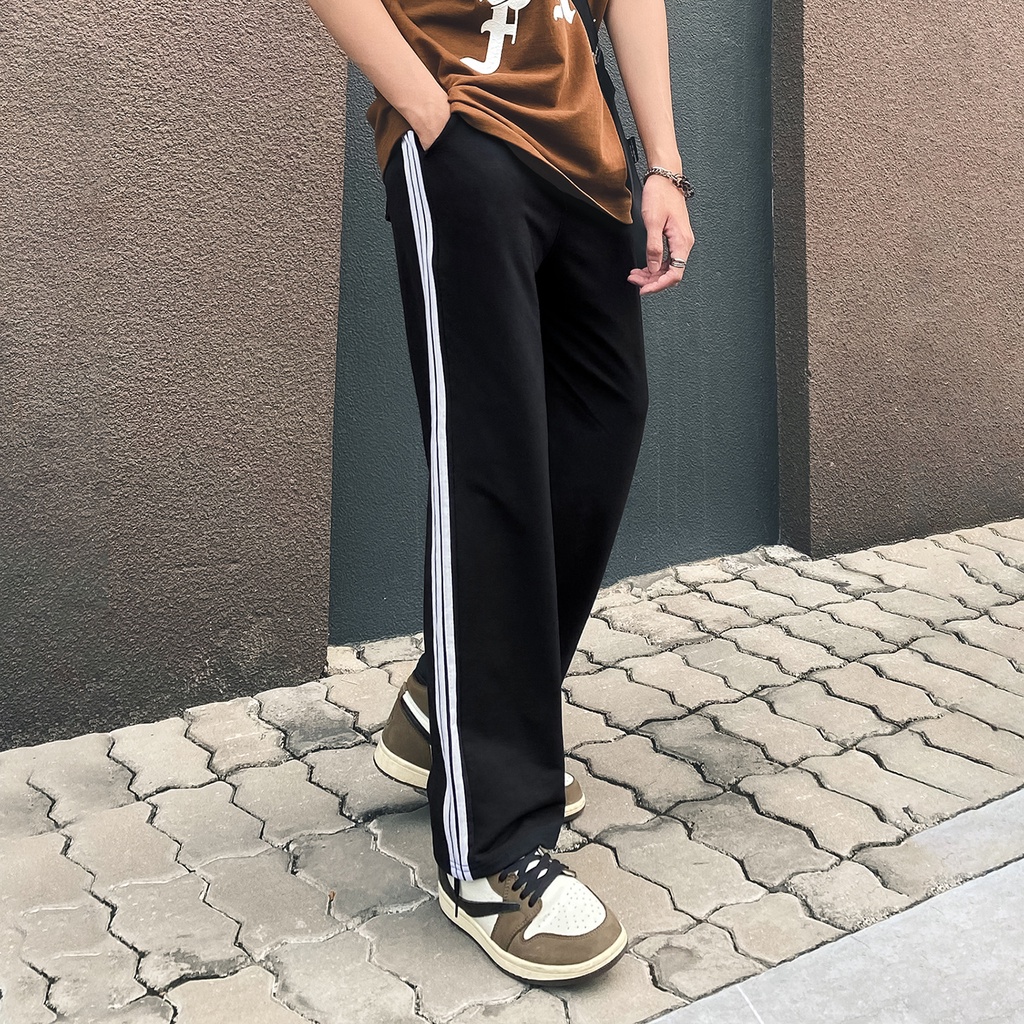Quần Thun 3 Sọc Unisex Chất Liệu 100% Cotton Form Suông Rộng Thoải Mái Phong Cách Đơn Giản
