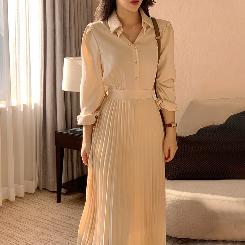 Đầm sơ mi chic dài tay dáng xòe xếp ly màu quả mơ Hàn Quốc