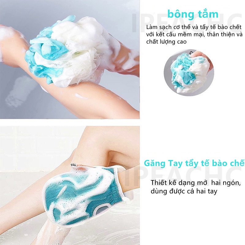 Set 3 Miếng-Găng Tay kỳ  ghét，Găng Tay tẩy tế bào chết + Khăn kỳ lưng+ Bông Tắm tạo bọt chống trượt dưỡng ẩm cho da