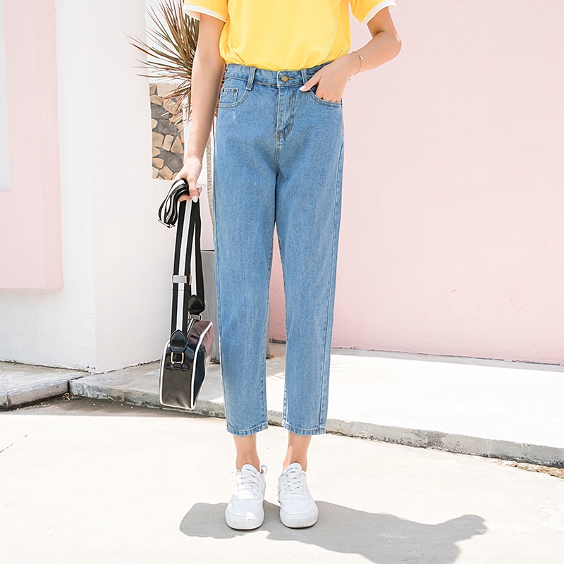 SUXI Quần jeans eo cao ống rộng phong cách Hàn Quốc trẻ trung cho nữ