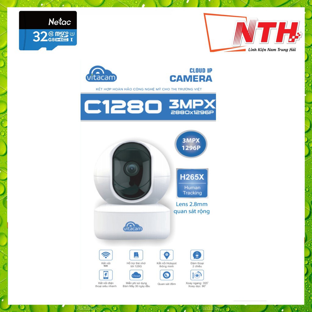 𝑺𝑰𝑬̂𝑼 𝑹𝑶̃ 𝑵𝑬́𝑻 Camera IP Wifi Vitacam C1280 3.0MP FullHD+ 1536P hồng ngoại ban đêm - đàm thoại 2 chiều (Trắng)