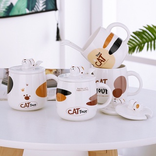 Ly cốc sứ có nắp mèo Cat Tour 400ml cao cấp(tặng kèm thìa sứ)
