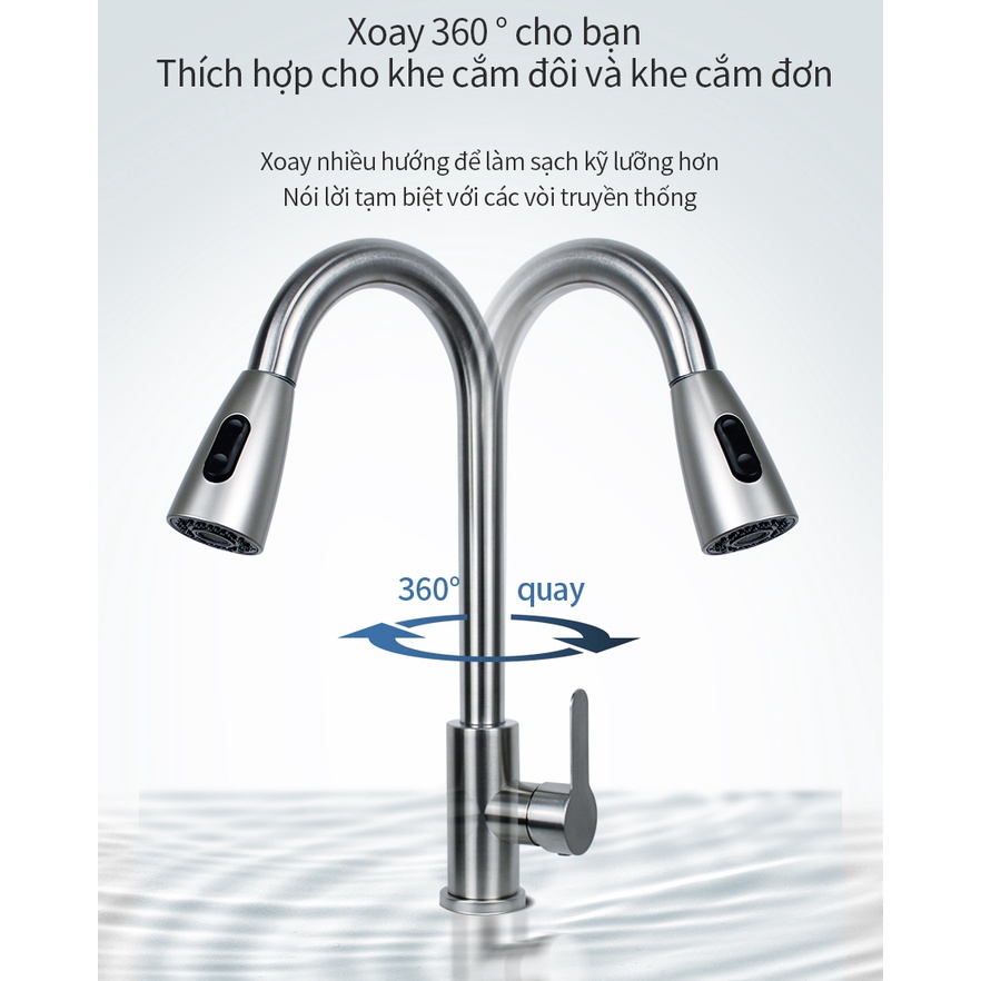 Vòi nước bồn rửa chén XINKUNLON 2 chế độ nóng và lạnh thép không gỉ 304 xoay được 360 độ cao cấp