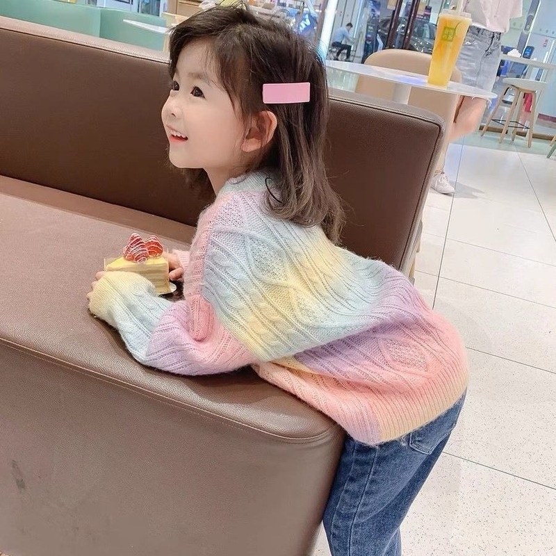 Áo Khoác Len Cardigan Họa Tiết Cầu Vồng Thời Trang Mùa Thu Mới Cho Bé Gái