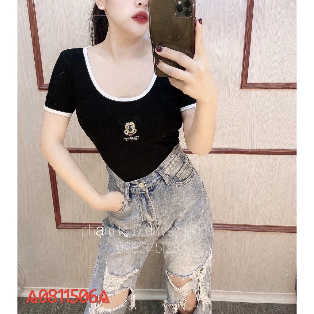 Áo croptop viền màu đen in hình chuột xinh chất bozip đẹp