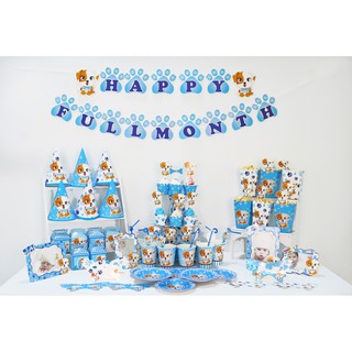 Set Mega trang trí đầy tháng Full Monthchủ đề Cún con ( Xanh - Hồng)