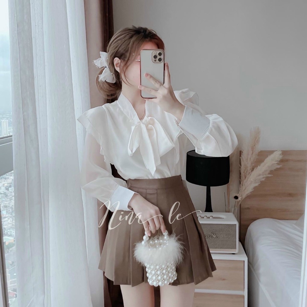 Sét Bộ 2 Món Chân Váy Chữ A Xếp Ly Kết Hợp Áo Sơ mi Dây Nơ Cổ Chất Tuyết Mưa Nhẹ Mặc Đẹp Tôn Dáng [NEW UNISEX]