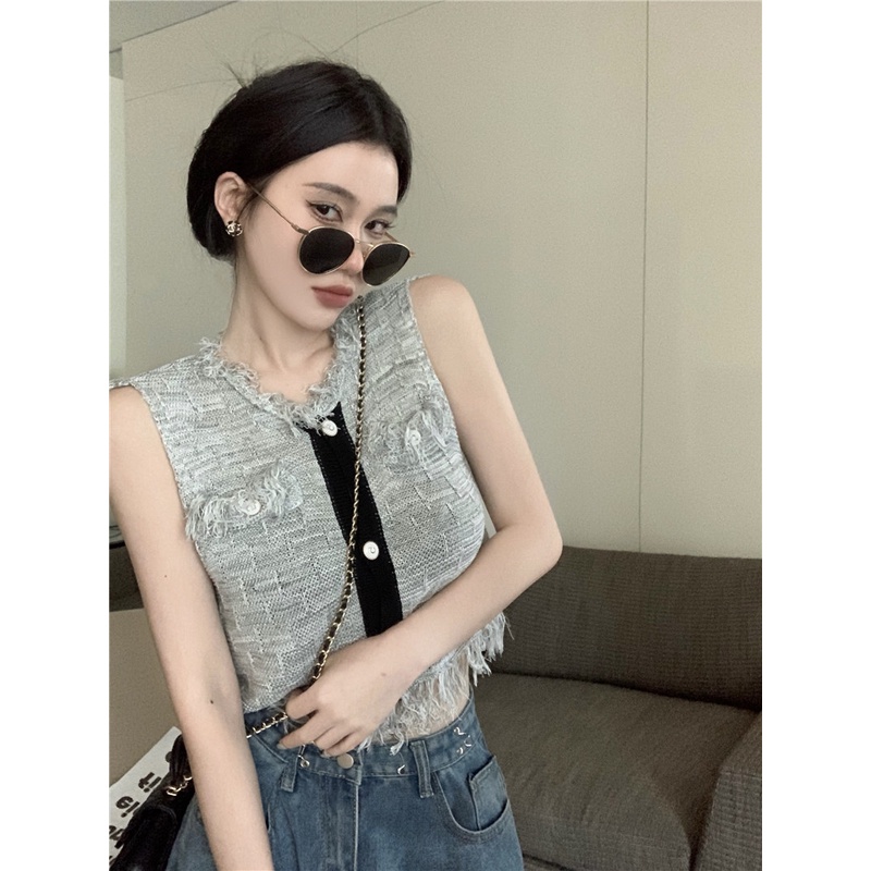 QKOOLE  Áo Dệt Kim Sát Nách Cổ Tròn Phong Cách Hàn Quốc Cho Nữ