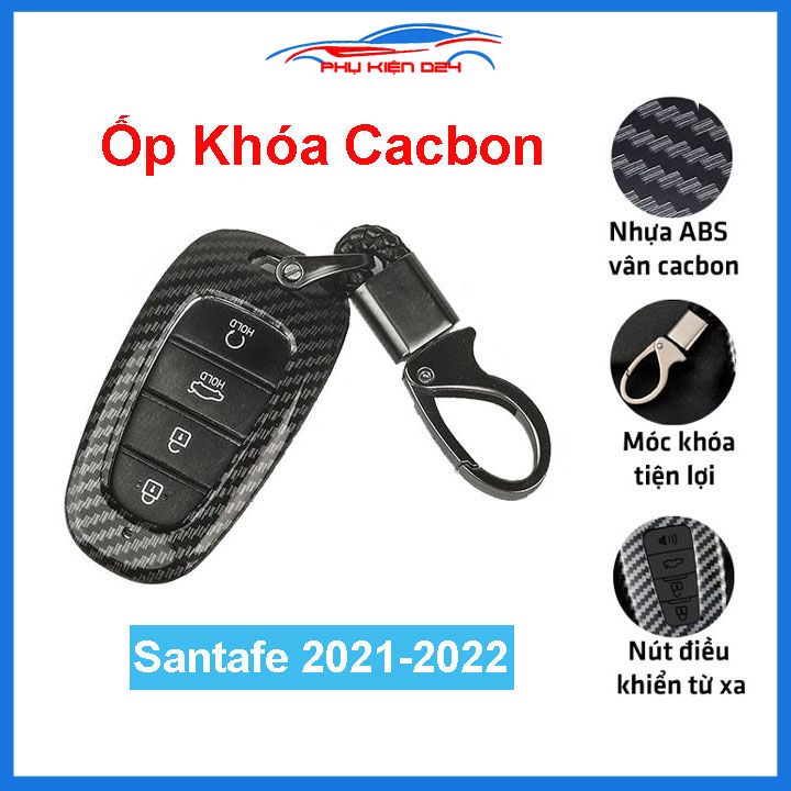 Ốp vỏ bọc chìa khóa xe Santafe 2021-2022 sợi nhựa cacbon kèm móc treo Inox