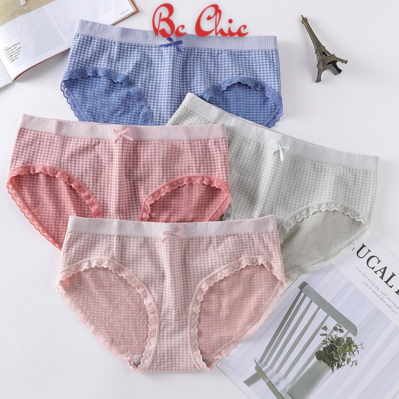 Quần Lót Nữ , Quần Lót Nữ Cotton kẻ phối ren đính nơ điệu đà xinh xắn MÃ Q112 BC_CHIC LINGERIE