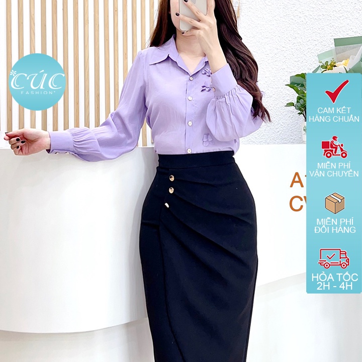 Áo sơ mi nữ Cúc Fashion thời trang cao cấp somi công sở nhiều màu trắng đi học thêu bướm dài tay A1356