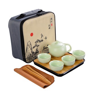 Bộ Ấm Chén Trà Đạo Chất Liệu Gốm Sứ Cao Cấp, Kèm Khay Đựng, Dụng Cụ Gắp Trà, Túi Đựng, Khăn Lau (Khay Màu Ngẫu Nhiên)