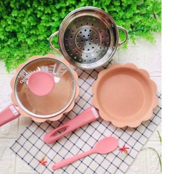 BỘ NỒI CHẢO ĐÁ KÈM XỬNG HẤP NẤU ĐỒ ĂN DẶM CHO BÉBỘ NỒI CHẢO QUẤY HÌNH HOA CAO CẤP MEN ĐÁ CHỐNG DÍNH