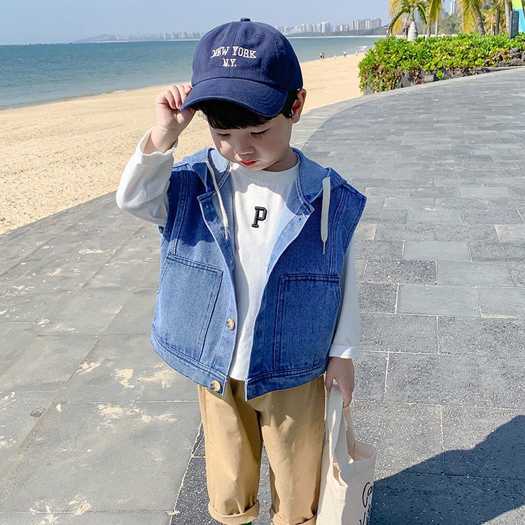 3-12 Tuổi Áo Khoác Denim Không Tay Có Mũ Trùm Kiểu Cao Bồi Hàn Quốc Thời Trang Xuân Thu Cho Bé Trai jacket