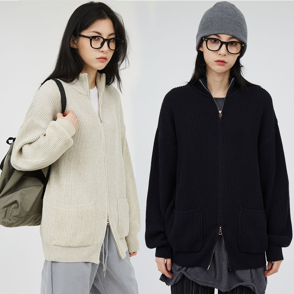 Áo khoác Enoise dây kéo có cổ len dệt Unisex style Hàn Quốc