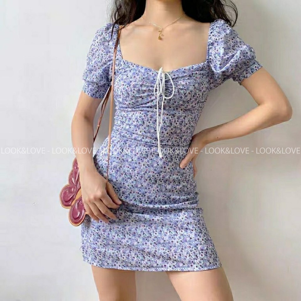 Váy hoa nhí dáng ngắn Look&Love đầm hoa tiểu thư tay bồng dáng chữ A, Mã L006