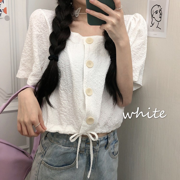 Áo kiểu QKOOLE ngắn tay cổ vuông màu trơn phong cách Hàn Quốc thời trang cho nữ