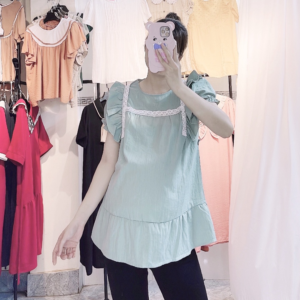 Áo bầu nhún ngực phối ren
