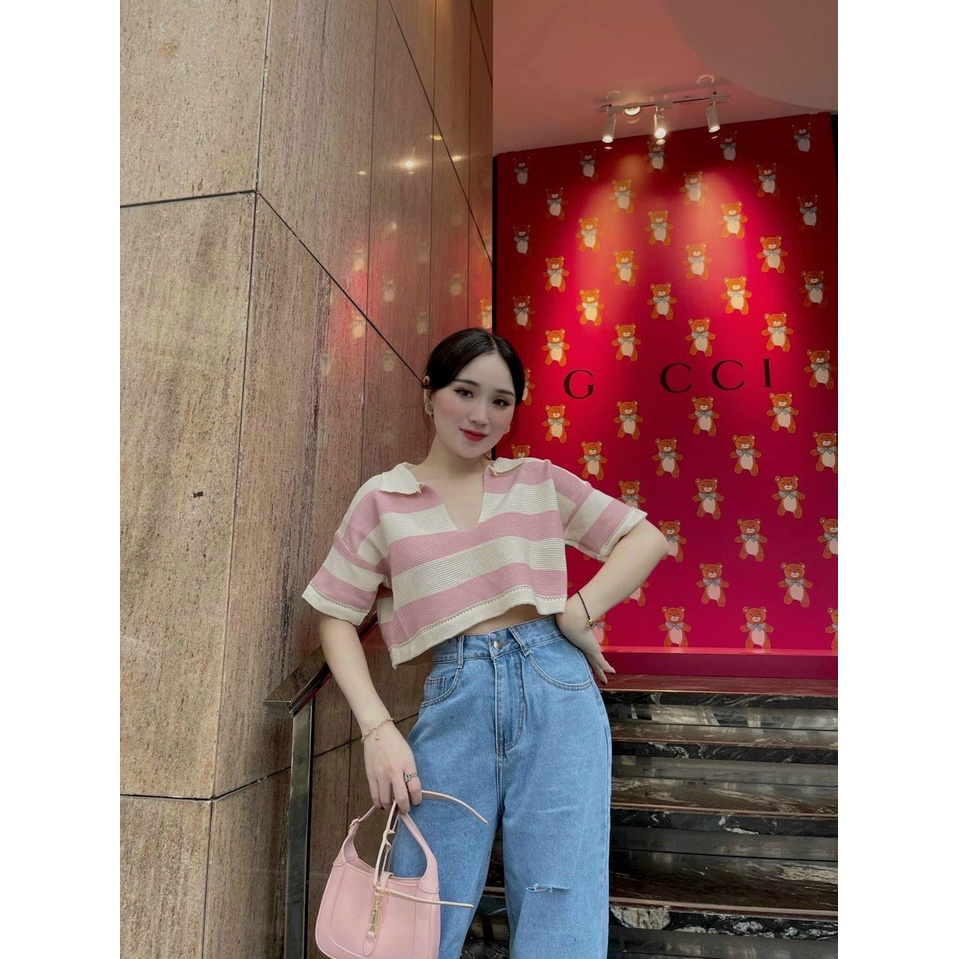 [HCM][FREE SHIP] áo croptop tay ngắn cổ bẻ phối sọc hai màu chất len dày dặn lên form trẻ trung xinh xắn ❤️⭐️❤️sa035