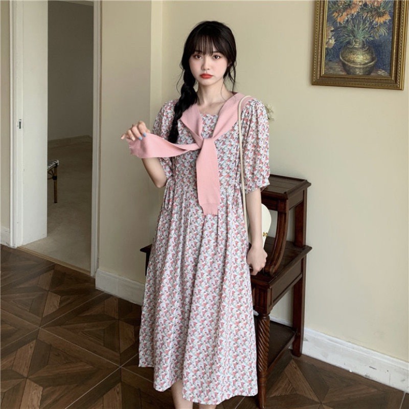 Váy hoa nhí thắt nơ sườn không kèm khăn Ulzzang style 🌸 Hàng Quảng Châu