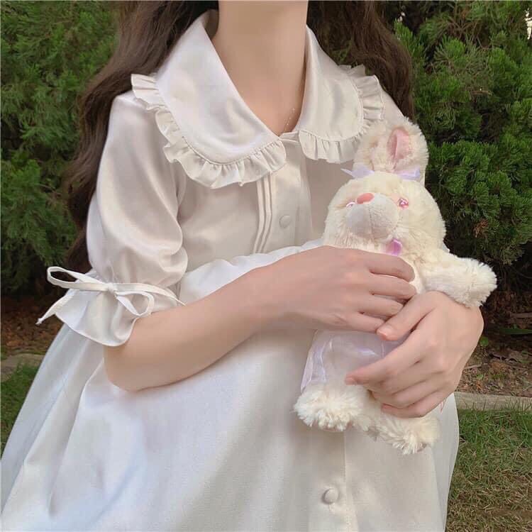 Váy babydoll dáng dài xòe vintage chất thô lụa mềm mịn cổ bẻ sen (màu trắng) GUUZ