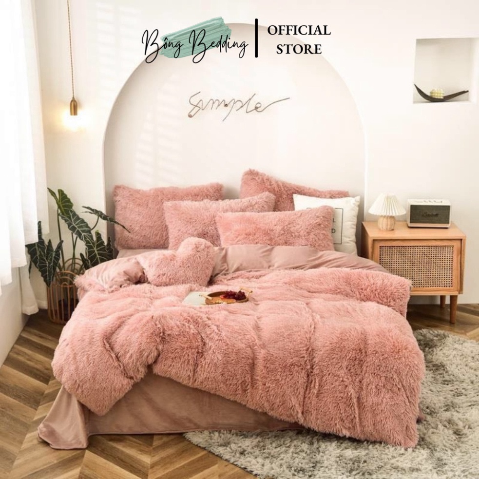 Bộ Chăn Ga Gối Nỉ Lông Tim HIN BEDDING Cao Cấp Tặng Kèm Gối Tim Hàng Có Sẵn Miễn Phí Bo Chun