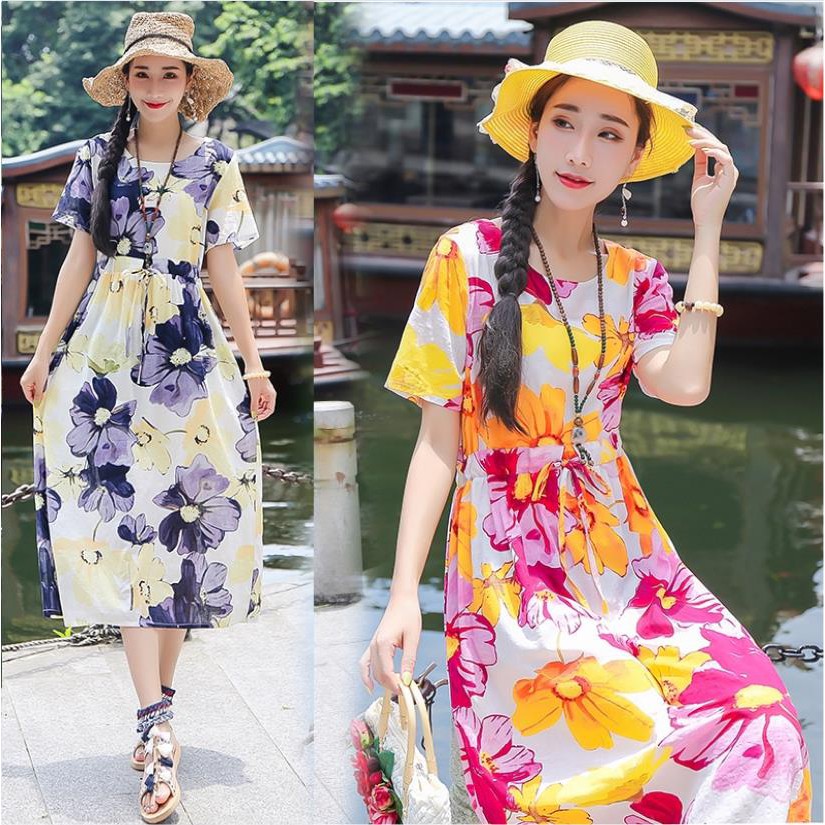 Đầm Cotton Lanh Mỏng Dáng Rộng In Hoa Cổ Điển Mới Chất Lượng Cao