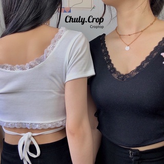 Áo Croptop Cổ Tim Viền Ren Dây Cột Eo - Chuly