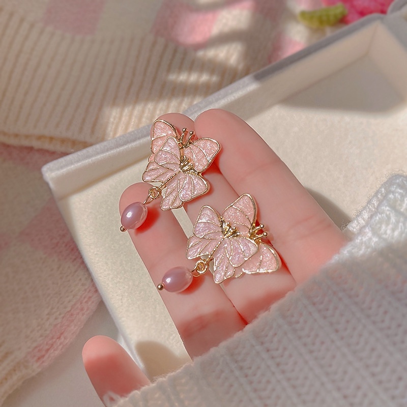 Khuyên Tai Hình Bướm Hồng Đính Ngọc Trai Đơn Giản Dễ Thương Cho Nữ