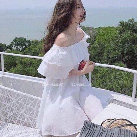 Váy Đầm Dự Tiệc Trễ Vai Màu Trắng Siêu Dễ Thương Phong Cách Công Chúa Chất Vải Satin Mềm Mịn Không Nhăn, Không Xù