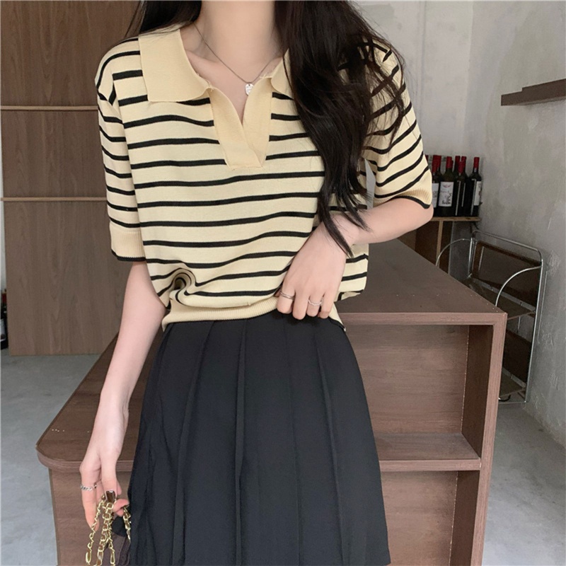 Áo Croptop Dệt Kim Tay Lỡ Cổ Chữ V Họa Tiết Kẻ Sọc Màu Sắc Tương Phản Thời Trang Mùa Hè Cho Nữ