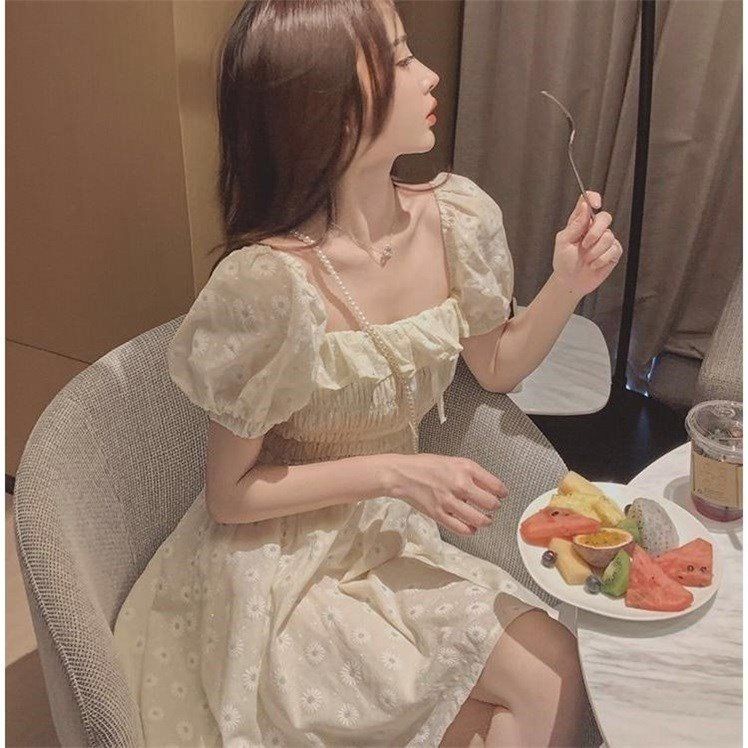 Đầm Tay Phồng Ngắn Cổ Vuông Eo Cao Ngọt Ngào Thời Trang Mùa Hè Mới Cho Nữ