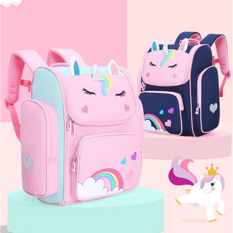 Balo học sinh cho bé gái đi học, chống gù lưng, siêu nhẹ. hình unicorn cute ngộ nghĩnh, có phản quang - Lado shop