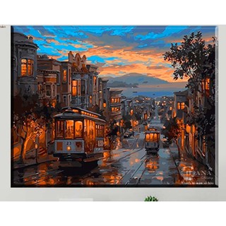 Tranh sơn dầu số hóa tự tô Xe điện phố cổ - Tặng kèm cọ , màu , khung , Paint by numbers DIY - NgocTuART
