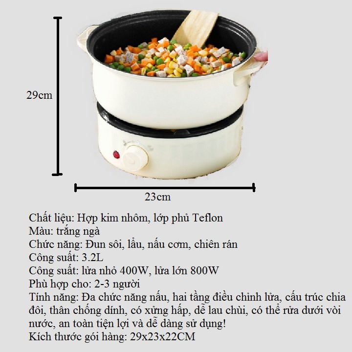 Nồi lẩu điện - Có bảo hành - Nồi lẩu điện đa năng 3.2L có xửng hấp dùng nấu canh, luộc, chiên, xào, hấp tiện lợi