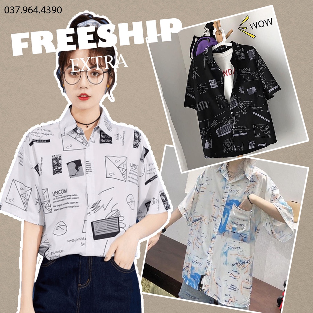 A012 Áo sơ mi nam nữ 2 màu đen trắng họa tiết hình học tay lỡ dáng rộng, áo khoác ngoài form to có túi cộc tay trẻ trung