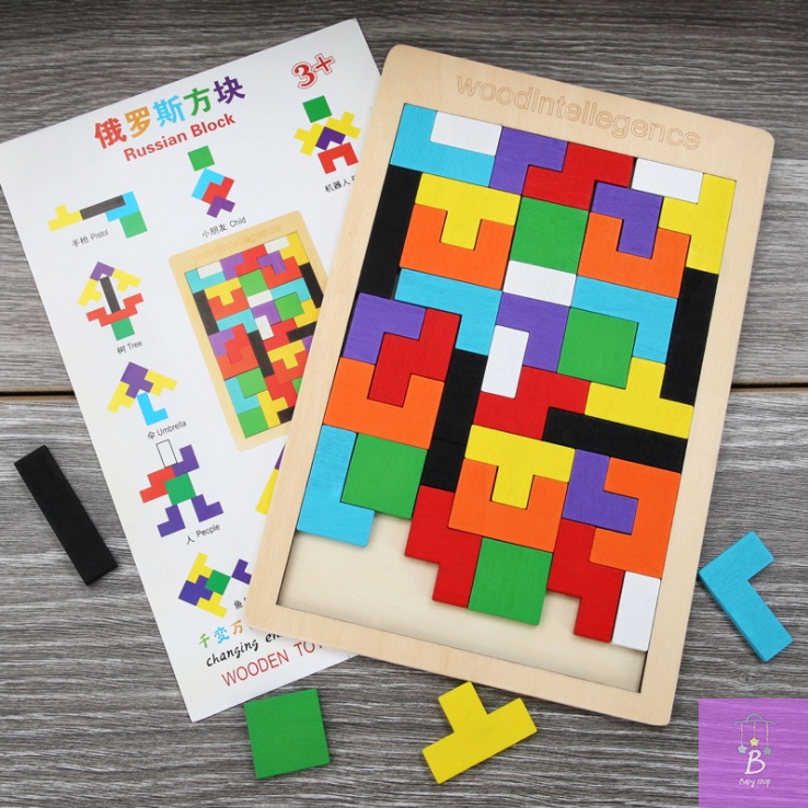 Bộ xếp hình Tangram, Ghép Hình Tetris 40 chi tiết Đồ Chơi Gỗ MONTESSORI- Đồ Chơi Thông Minh Trí Tuệ