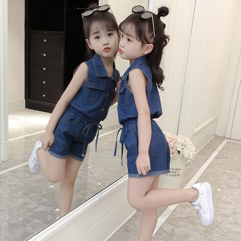 Set áo không tay + quần short denim IQ ANGEL năng động thời trang cho bé gái