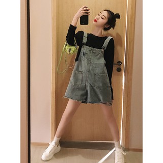 Set áo thun dài và quần yếm jean ngắn ulzzang kèm video