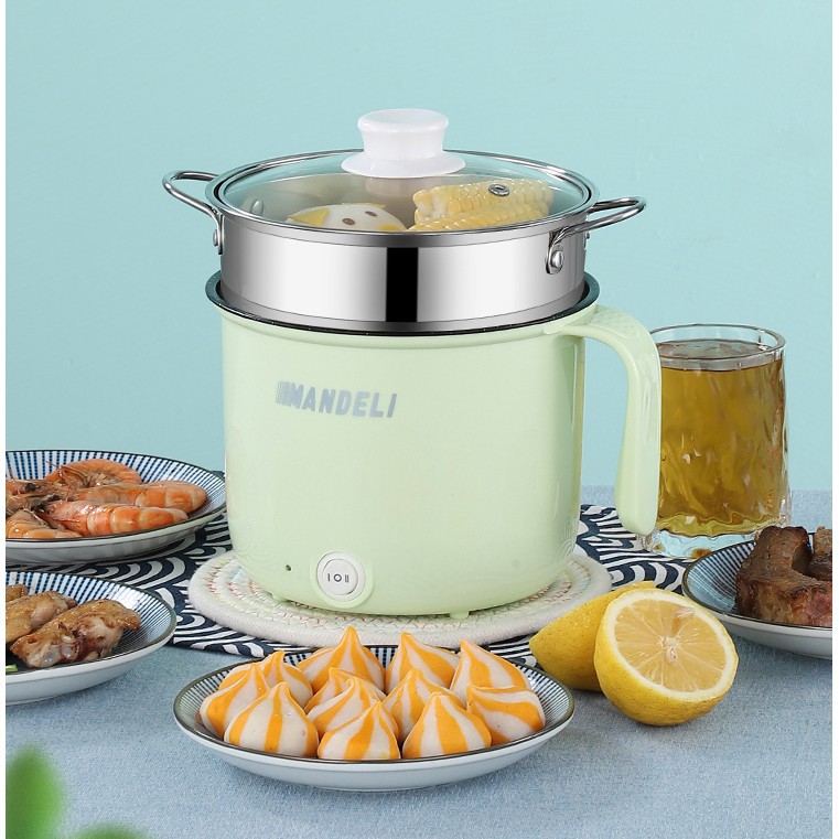 Nồi Lẩu Điện Đa Năng Mandeli, Nấu Mì, Nấu Cơm Mini 2 Nấc Nhiệt Dung Tích 1,8L Kèm Giá Hấp Tiện Lợi