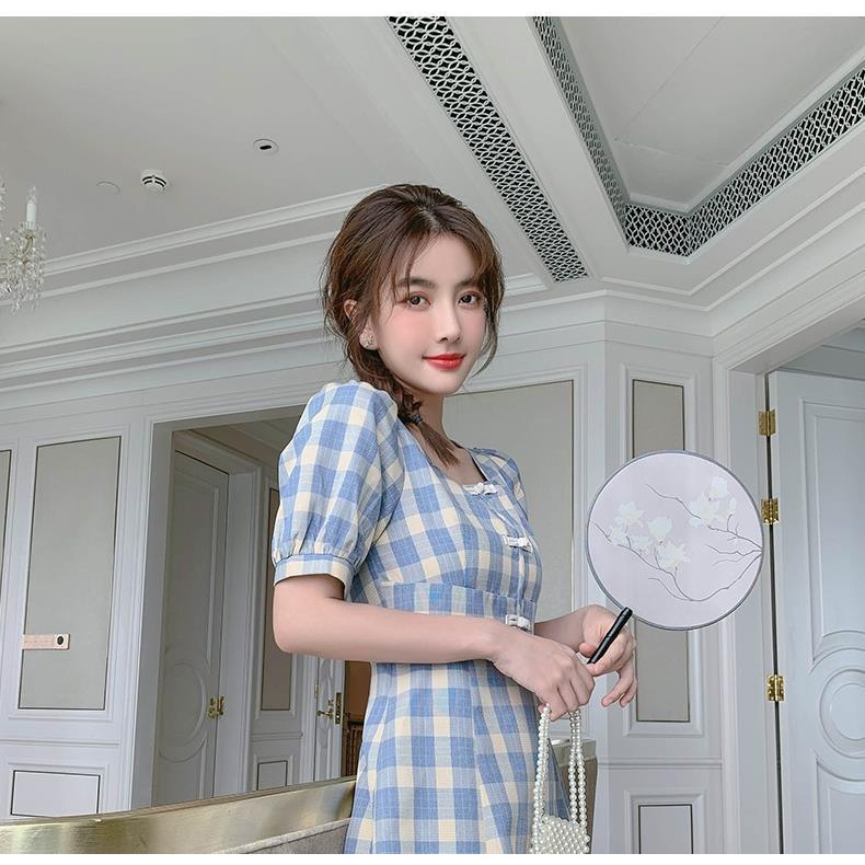 Đầm Chữ A Cổ Vuông Tay Phồng Họa Tiết Kẻ Sọc Xanh Dương Phong Cách Cổ Điển Thời Trang Cho Nữ