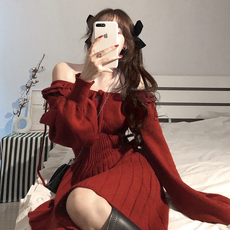 Váy len trễ vai ulzzang hàn quốc đẹp cao cấp V20 | BigBuy360 - bigbuy360.vn