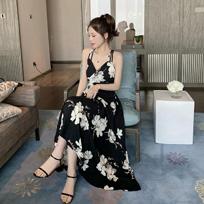 Đầm dây chiffon in hoa cổ chữ V gợi cảm duyên dáng cho nữ