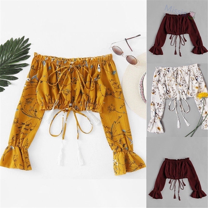Áo croptop trễ vai tay dài phối dây đan chéo thiết kế quyến rũ cho phái nữ