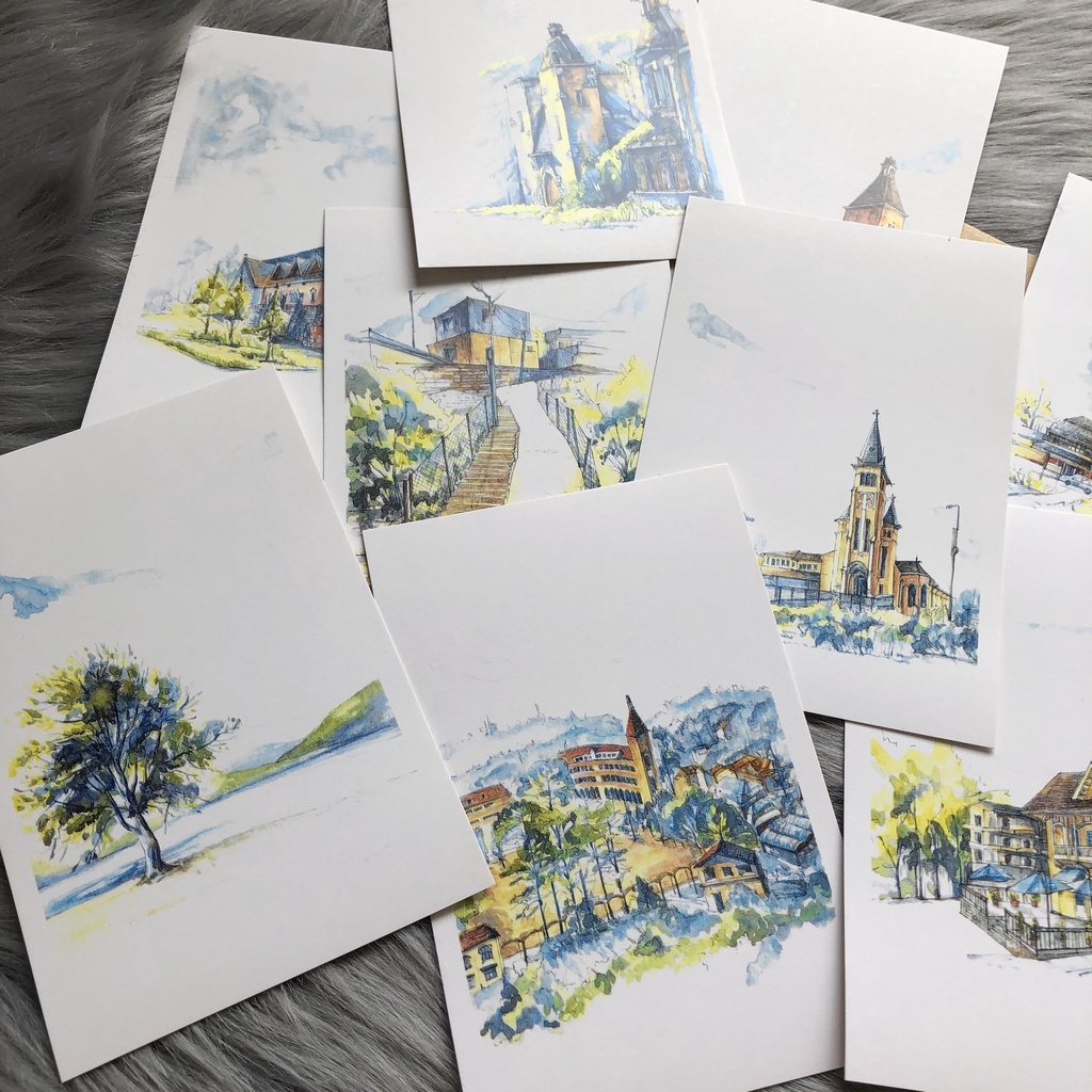 Postcard, Thiệp chúc mừng, Tranh trang trí BST Phong cảnh Đà Lạt  kèm bao thư Kraft