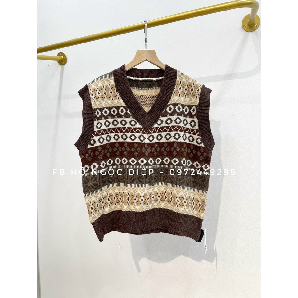 Áo gile len nữ hoạ tiết kẻ caro thổ cẩm vintage Ullzang